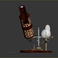 Vintage Red Telescope With Crystal Balls On Golden Stand And World Map