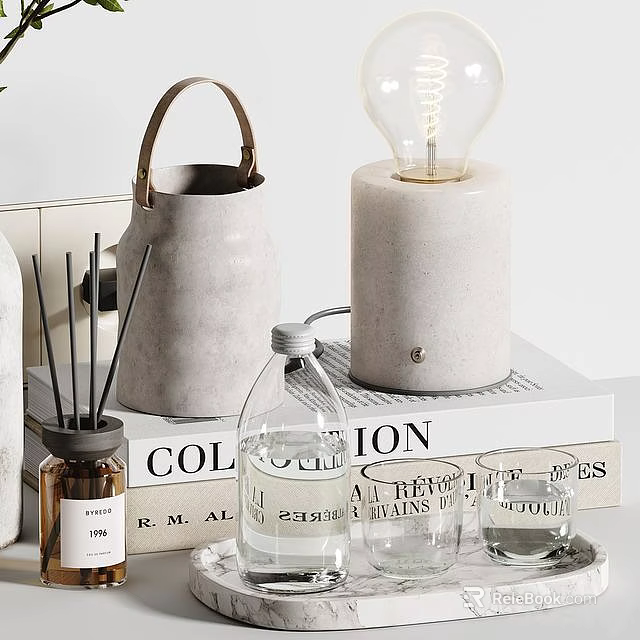 Modern Decorative Ornament Set With Concrete Bulb Lamp Glass Bottles And Books 3d model 