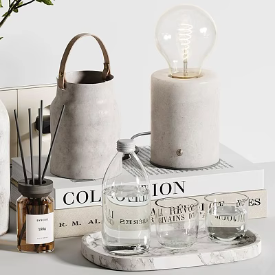 Modern Decorative Ornament Set With Concrete Bulb Lamp Glass Bottles And Books 3d model