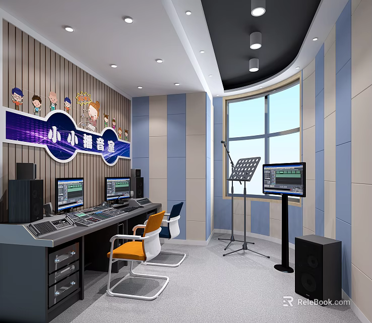 Small Studio Interior With Control Desk Multiple Monitors And Microphone Stand 3d model