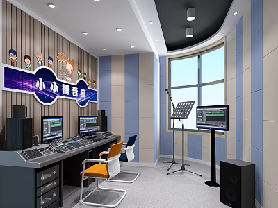 Small Studio Interior With Control Desk Multiple Monitors And Microphone Stand 3d model