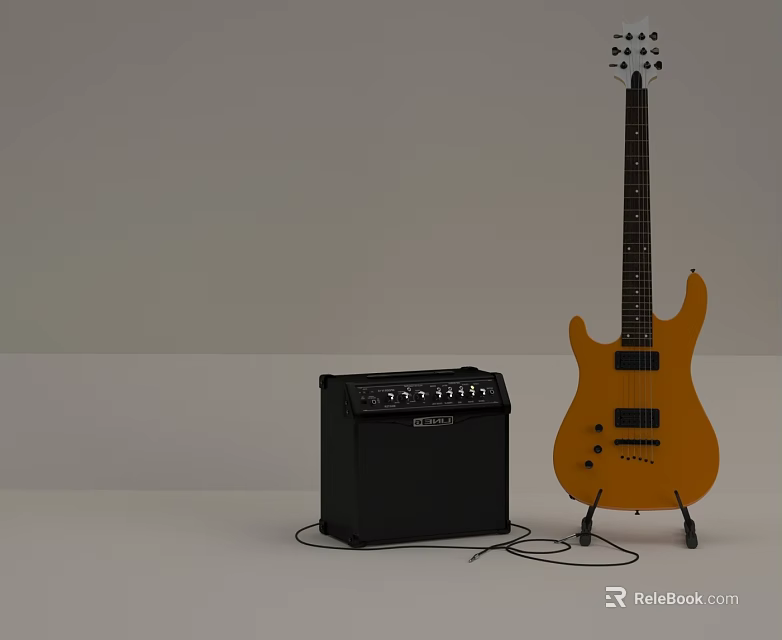 Yellow Electric Guitar And Black Amplifier Musical Instrument Setup On Gray Background 3d model 