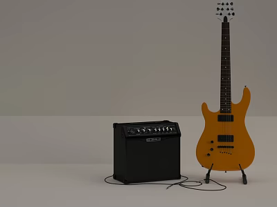 Yellow Electric Guitar And Black Amplifier Musical Instrument Setup On Gray Background 3d model
