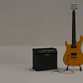 Yellow Electric Guitar And Black Amplifier Musical Instrument Setup On Gray Background