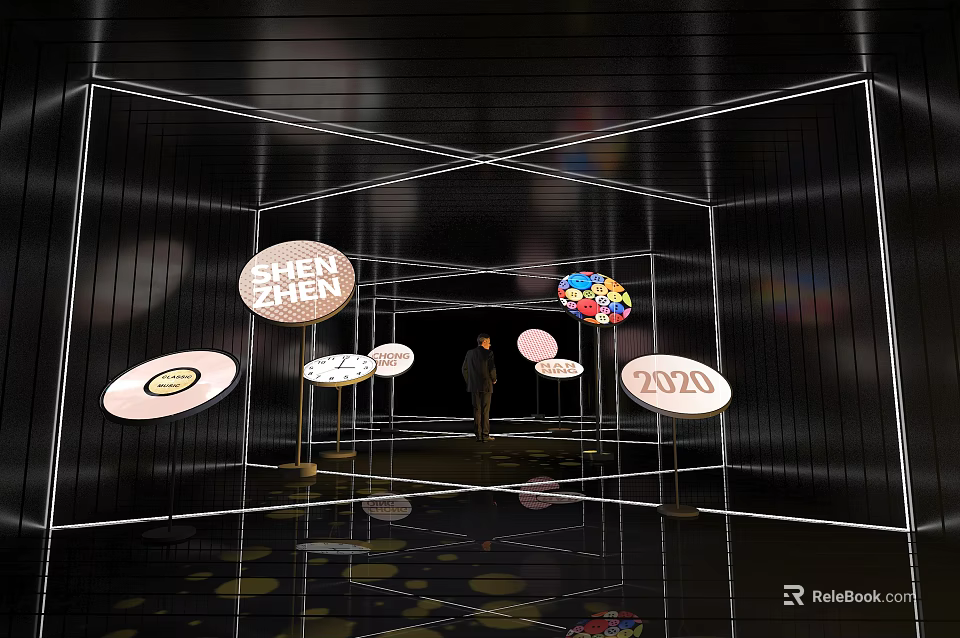 Shenzhen 2021 Modern Event Passage With Illuminated Circular Signs And Person Standing 3d model 