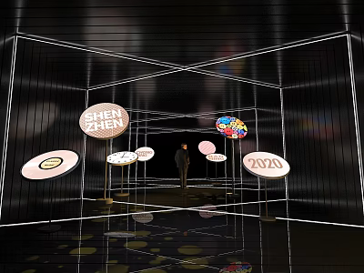 Shenzhen 2021 Modern Event Passage With Illuminated Circular Signs And Person Standing 3d model