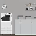 Modern Office Setup With Multifunction Printer Filing Cabinet Wall Clock And Shelves