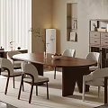 Modern Elegant Wooden Dining Table Set With Six Chairs Vase Plant And Cabinet