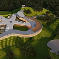 Modern Circular Hotel Building With Glass Facade Green Lawn And Water Reflection