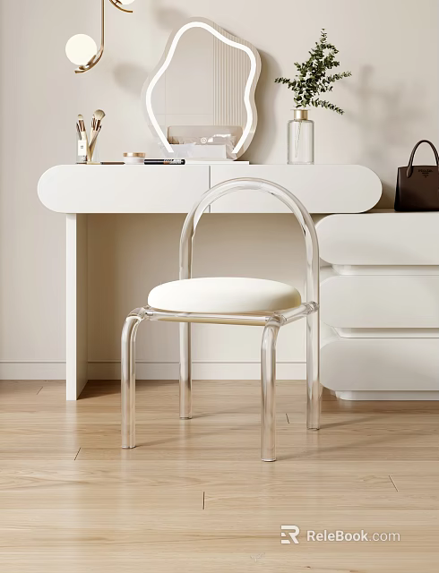 Modern White Dressing Table With Makeup Items Mirror Glass Bottle Transparent Chair And Brown Handbag 3d model 