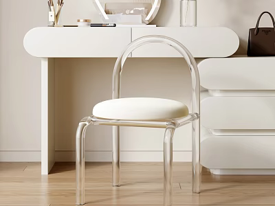Modern White Dressing Table With Makeup Items Mirror Glass Bottle Transparent Chair And Brown Handbag 3d model
