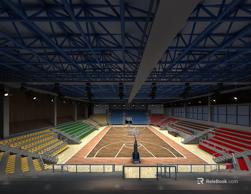 Basketball Gym Interior With Blue Roof Structure Colorful Seats And Central Court 3d model 