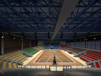 Basketball Gym Interior With Blue Roof Structure Colorful Seats And Central Court 3d model