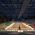 Basketball Gym Interior With Blue Roof Structure Colorful Seats And Central Court