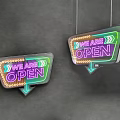 Colorful Hanging Neon Lighting Combination With WE ARE OPEN Text And Arrow