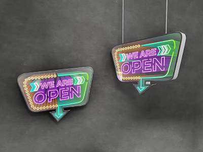 Colorful Hanging Neon Lighting Combination With WE ARE OPEN Text And Arrow 3d model