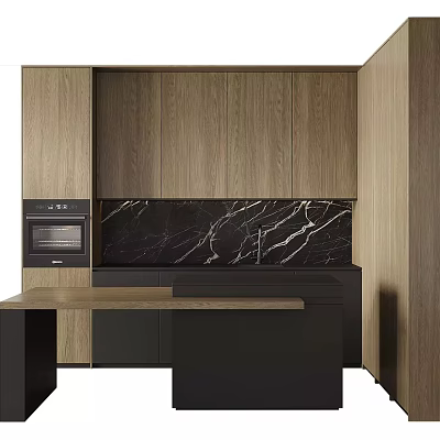 Modern Kitchen Interior Design With Wooden Cabinets Black Marble Countertop And Oven 3d model
