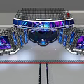 Futuristic Event Stage With Large Screens Blue Purple Lighting Metal Frames And Central Platform Design