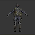 Tactical Operative In Blue Uniform With Helmet Protective Gear And Backpack