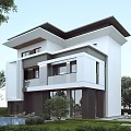 Modern Detached Villa Exterior With Swimming Pool Large Windows And Greenery