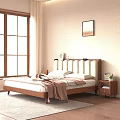 Cozy Bedroom Interior With Wooden Bed Soft Headboard Nightstand Plant And Window Curtains