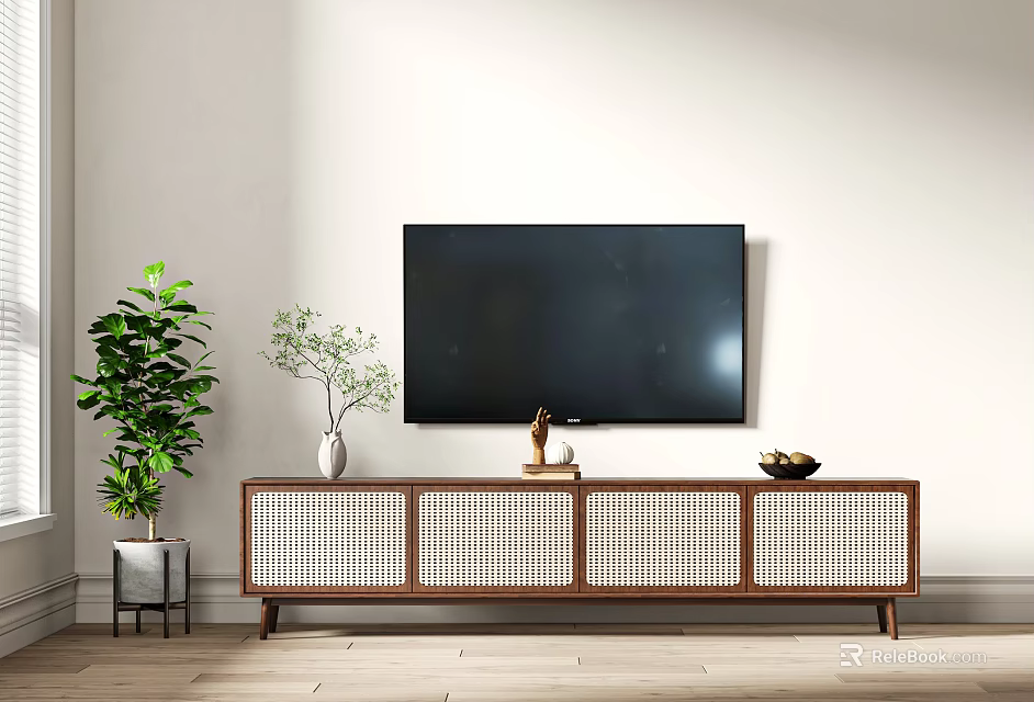 Wooden TV Stand with Rattan Panels Decorative Vase and Green Plant in Living Room 3d model 