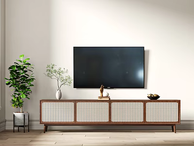 Wooden TV Stand with Rattan Panels Decorative Vase and Green Plant in Living Room 3d model