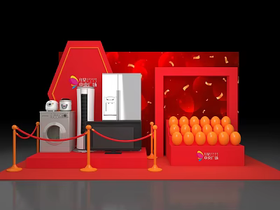 Modern Home Appliances Exhibition With Refrigerator Washing Machine TV And Orange Balls On Red Background 3d model