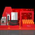 Modern Home Appliances Exhibition With Refrigerator Washing Machine TV And Orange Balls On Red Background