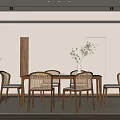 Minimalist Restaurant Interior With Wooden Dining Table Rattan Chairs And Potted Greenery
