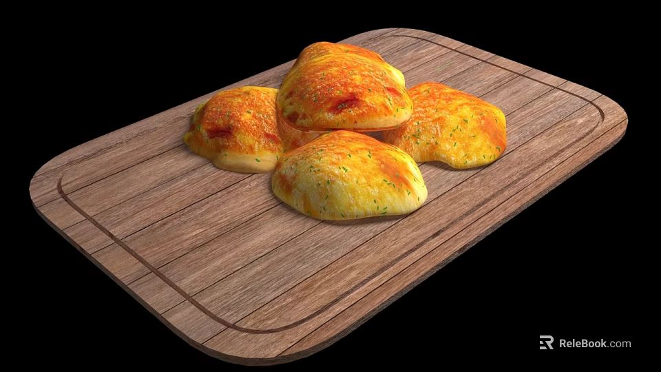 Freshly Baked Golden Bread Rolls with Herb Seasoning on Wooden Cutting Board 3d model 
