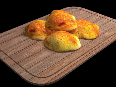 Freshly Baked Golden Bread Rolls with Herb Seasoning on Wooden Cutting Board 3d model