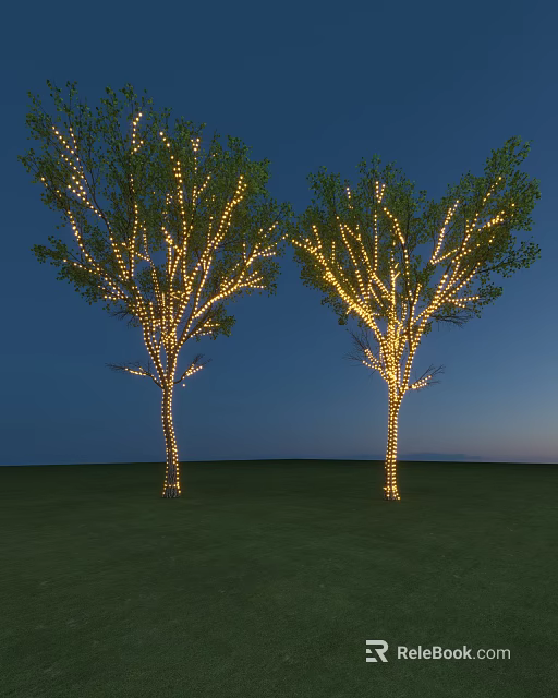 Outdoor Lights Decorating Trees With Warm Glow In Night Grassland Scene 3d model 
