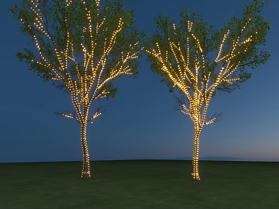 Outdoor Lights Decorating Trees With Warm Glow In Night Grassland Scene 3d model
