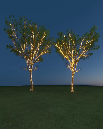 Outdoor Lights Decorating Trees With Warm Glow In Night Grassland Scene 3d model