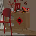Festive Red Single Chair in Chinese New Year Themed Space with Wooden Cabinet Beige Curtains