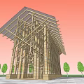 Sacred Religious Building With Wooden Frame Triangular Roof Cross Beams Under Orange Sky