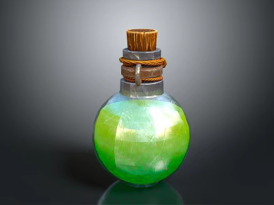 Green Bulbous Potion Bottle With Cracked Glass Texture Wooden Cork And Rope Binding 3d model