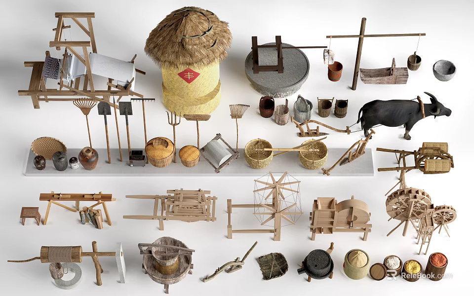 Traditional Handmade Garden Ornaments With Wooden Straw Clay Decorative Pieces and Farmhouse Elements 3d model 