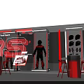 Modern Tech Exhibition Booth With Transparent Glass Red Elements And Humanoid Model 3d model