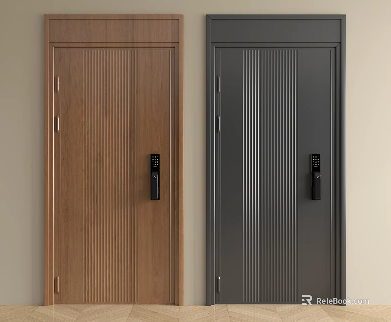 Brown and Gray Security Doors With Vertical Stripe Design And Electronic Locks 3d model