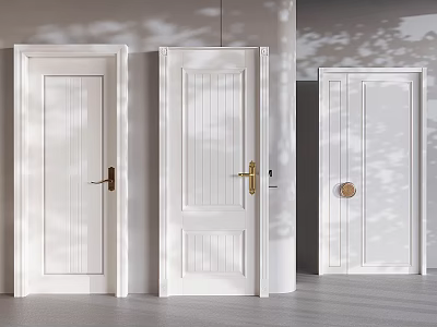 White Swing Doors With Three Different Panel Styles And Brass Handles Under Natural Light Shadows 3d model