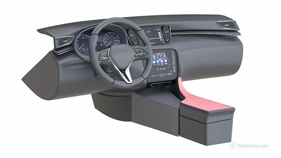 Modern Car Interior With Steering Wheel Dashboard Screen And Pink Gear Shift Area 3d model 