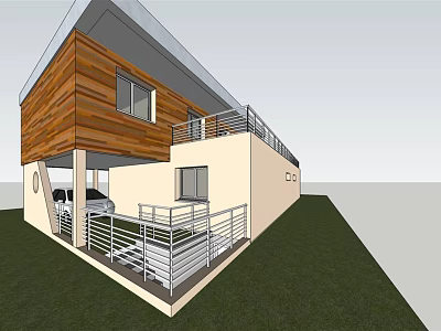 Modern Single Family Home With Wooden Exterior Balcony Metal Railing Patio And Lawn 3d model