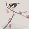 Two Small Birds Flying and Perched on Blossoming Branch with Pink Flowers