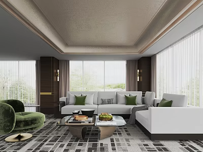 Elegant Modern Living Room Interior With White Sofa Green Armchair Geometric Rug And Large Windows 3d model