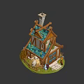 Fairy Tale Style Wooden Cottage With Blue Roof Chimney Sheep And Fence