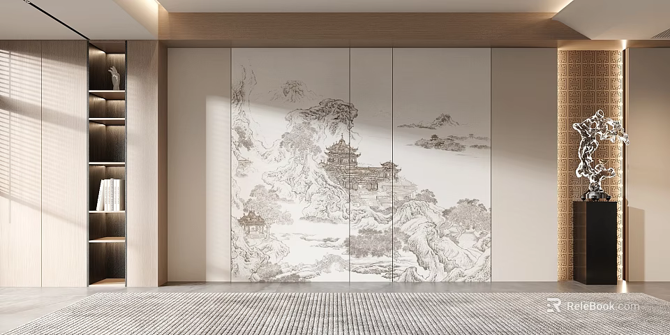 Chinese Style Sofa Background Wall With Ink Landscape Painting In Modern Space 3d model 