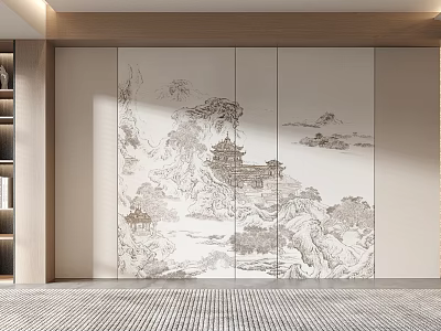 Chinese Style Sofa Background Wall With Ink Landscape Painting In Modern Space 3d model