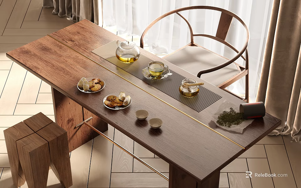 Simple Wooden Tea Table and Chair with Tea Set Cups Snacks on Tray 3d model